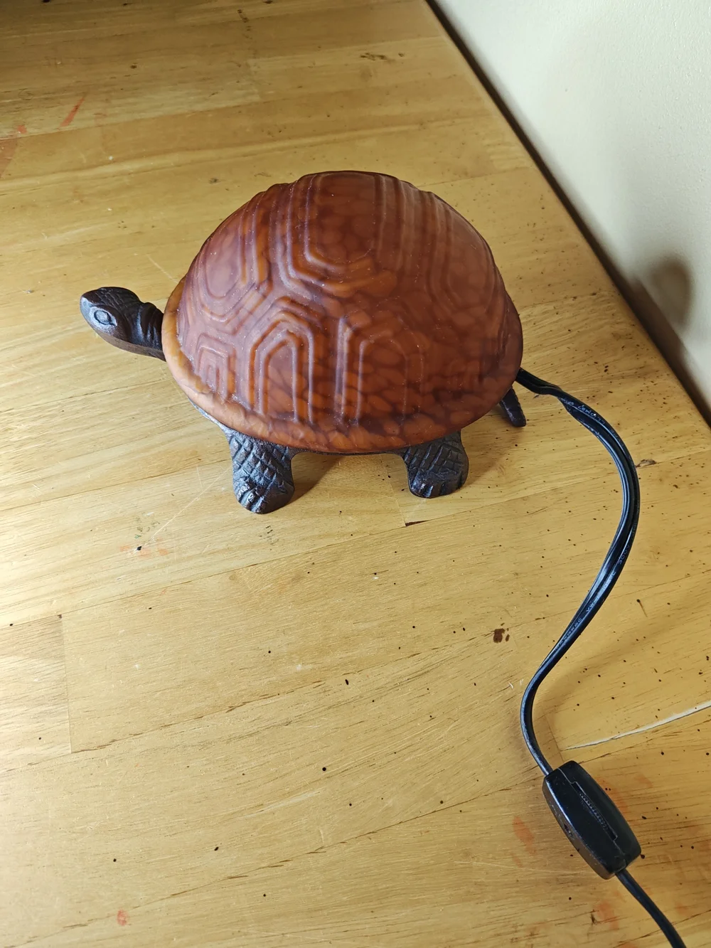 Vintage Amber Glass Turtle Lamp Cast Iron Base Tiffany Style Accent Nightlight